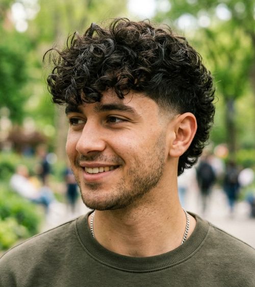 Low Taper Fade with Textured Fringe for Curly Hair