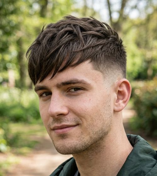 Low Taper Fade with Textured Fringe for Straight Hair