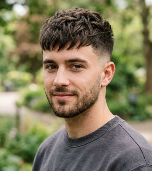 Short Textured Fringe with Low Taper Fade