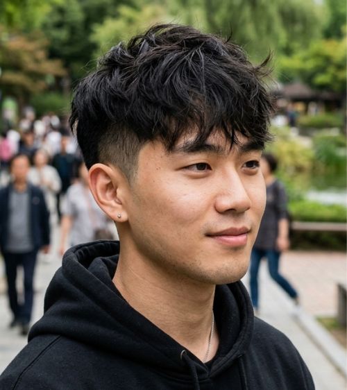 Low Taper Fade Messy Fringe Asian