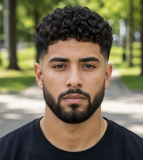 Low Taper Fade with Beard Curly Hair
