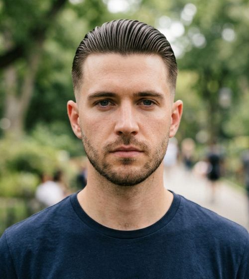Low Taper Fade Slick Back Hair