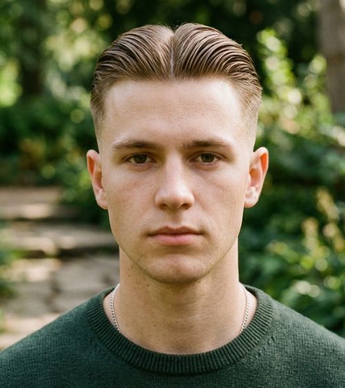 Low Taper Fade Slick Back Middle Part