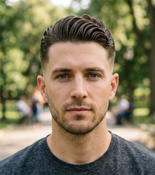 Low Taper Fade Slick Back Wavy Hair
